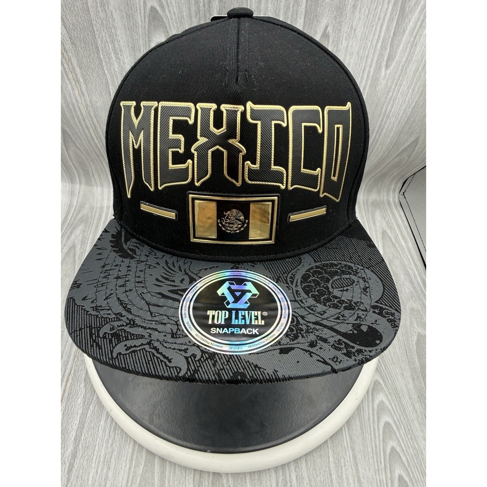 Top Level Mexico Black Metallic Gold Embroidery Flat Bill Snapback Hat One Size